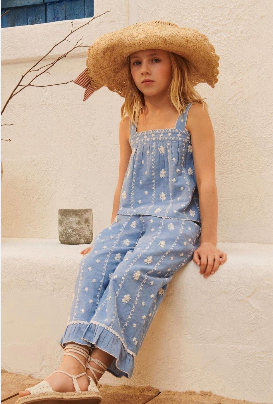 Zara Studio Collection 2 Pc Set Blue White Eyelet Floral Sz 11-12 Girls